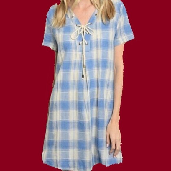 NWT Entro Blue & Ivory Plaid Dress - Size M - Picture 8 of 8